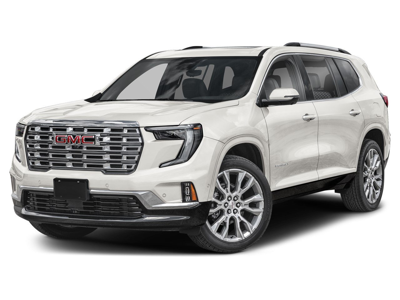 2026 GMC Acadia FWD Denali in Glacier White Tricoat — front three-quarter view